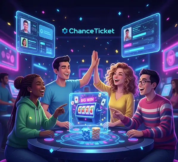 Happy people playing social casino games together